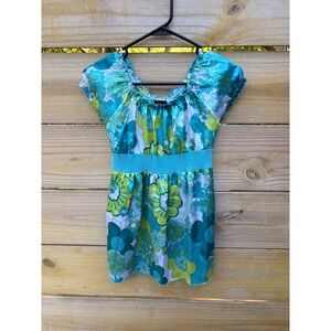 Speechless Womens Floral Babydoll Top Blue Green Retro Y2K Empire Waist Large